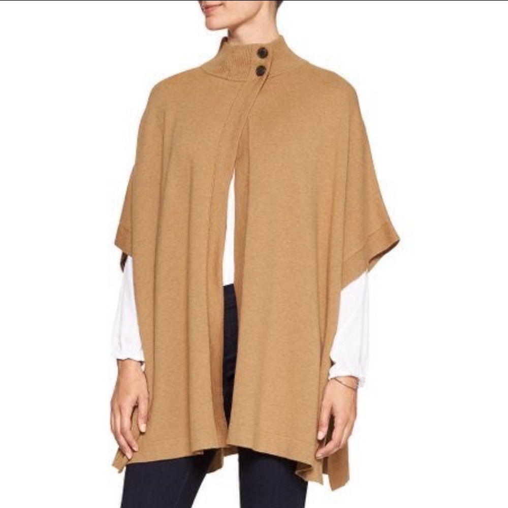Banana Republic Factory Camel Mock Neck Poncho Sweater M/L Minimalist Cape Knit